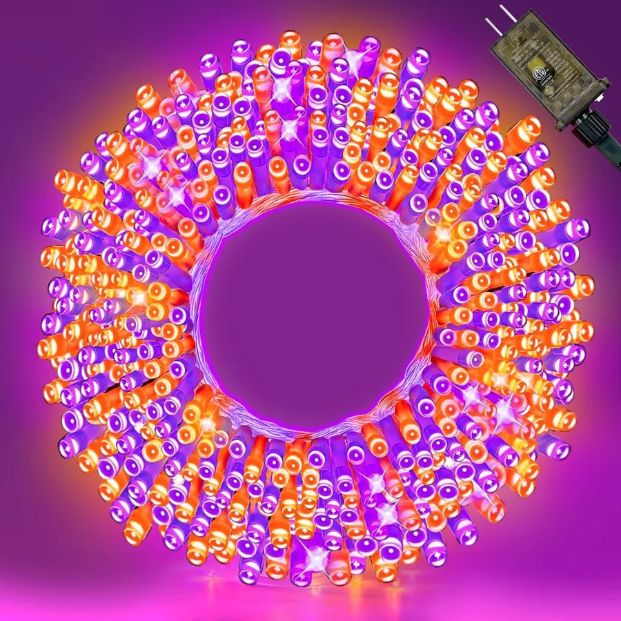 Guirnalda LED de hadas 30.4 metros alambre transparente conexiones 8 modos temporizador WASTROYAL morado naranja — imagen 1