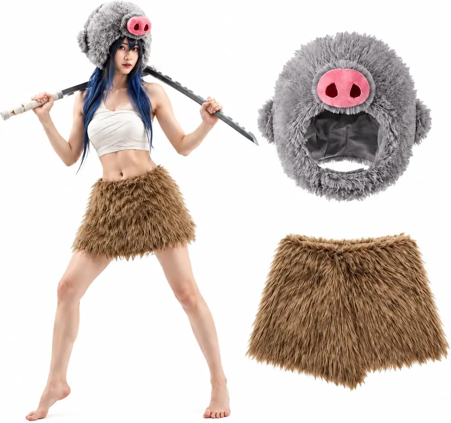 Conjunto completo disfraz anime jabalí cerdo, sombrero gris peludo y delantal marrón Hercicy unisex adulto — imagen 1