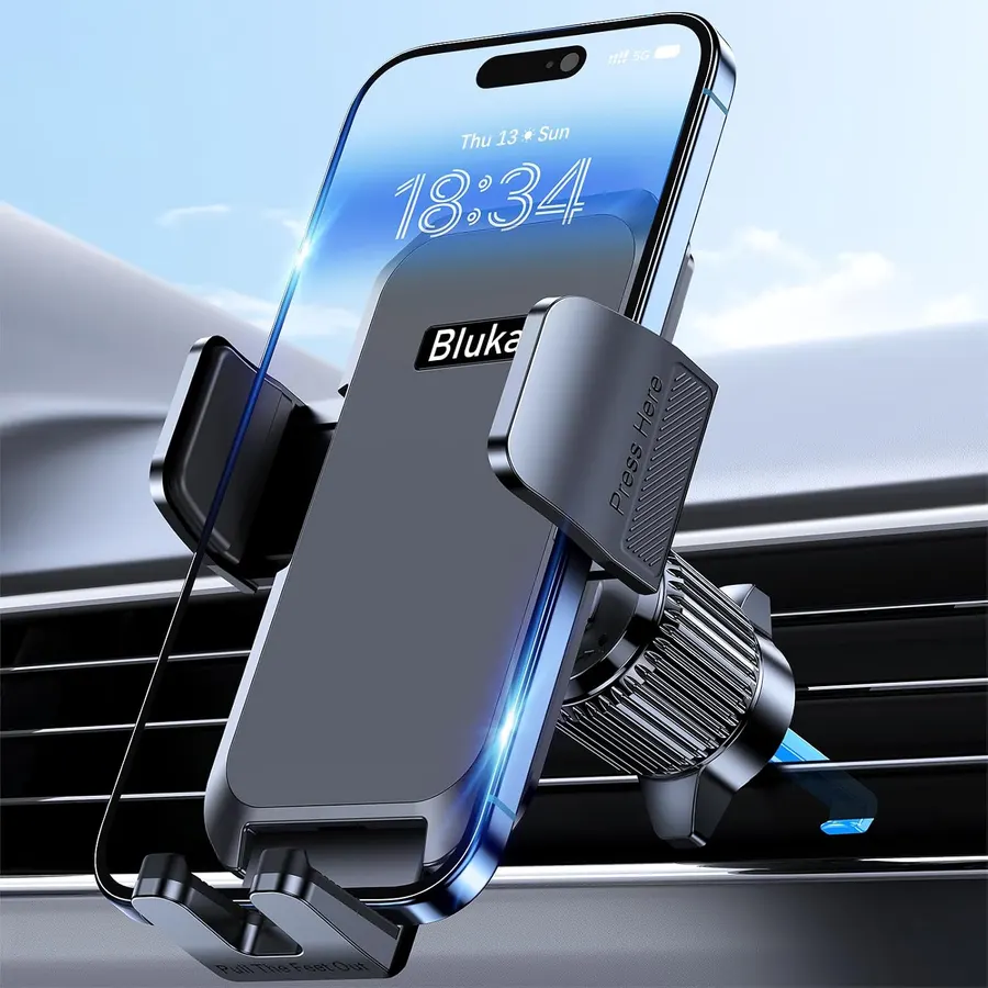 Soporte para teléfono coche Blukar, gancho metal 360° rotación, liberación un botón, compatible iPhone Samsung — imagen 1