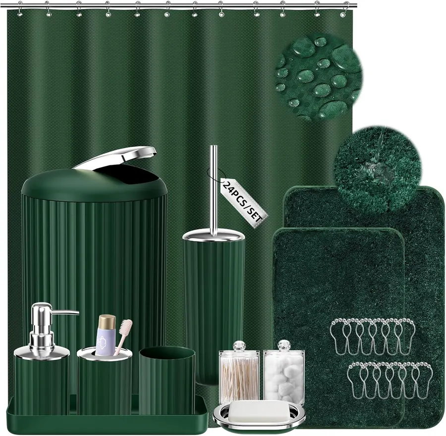 Set Accesorios de Baño Verde con Cortina y Tapetes — imagen 1
